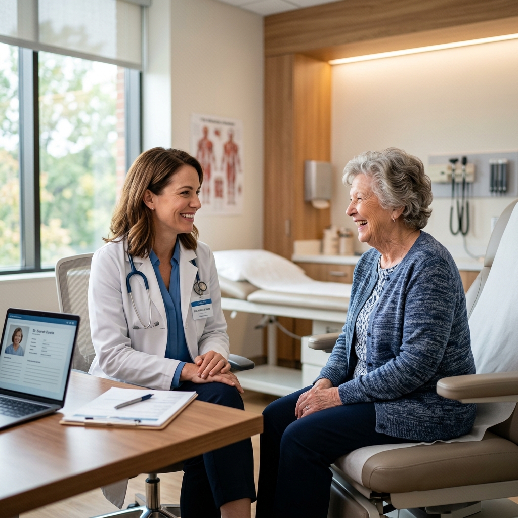 Doctor talking to elderly patient about preventative care